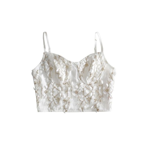 SOLY HUX Women's Lace Sequin Spaghetti Strap Zipper Back Detail Cami Croptop White M