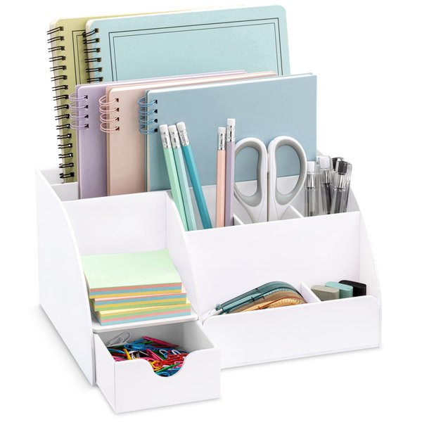 White Desk Organizer, 9 Compartments, Office Supplies and Desk Accessories Organizer, Pen Holder, Office Decor Desktop Organizer (White)