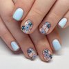 Press On Nails Short, Acrylic Nails Press on, Short Square Press on Nails Fake Nails Glossy Blue False Nails with Flowers Press ons Designs Artificial Nails Stick on Nails for Women 24Pcs