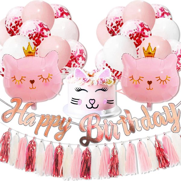 Cat Birthday Party Decoration Kitty Cat Balloons Cat Kitty Birthday MEOW Banner Meow Party Supplies Pink Cat Kitty Cake Decoration