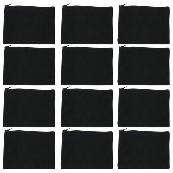Kings Of NY Blank Black 100% Cotton Canvas Makeup Bag With Zipper 9x6 Cosmetic Pouch Bulk - 12 Pack 1 Dozen