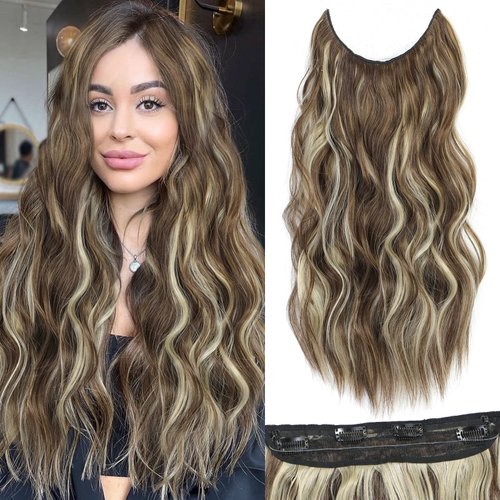 BUPPLER Halo Hair Extensions 20 Inch Invisible Wire Hair Extensions Adjustable Long Wavy Hair Extensions Synthetic Upgrade 4 Secure Clips in Hairpieces 20 Inch,Medium Brown Mix Dark Blon