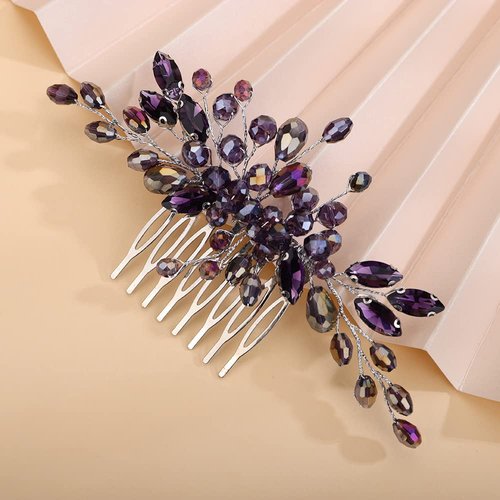 Teyglen Rhinestone Wedding Headpieces Bridal Purple Crystal Hair Comb Hair Accessories for Bride Handmade Red Black Blue Hair Pieces for Women Girls