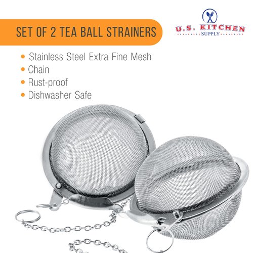 U.S. Kitchen Supply - 2 Premium Stainless Steel Tea Ball Strainer Infusers - 2.1" Size with Extra Fine Mesh - Steep Loose Leaf Tea, Herbal, Spices & Seasonings - Teapot, Tea & Coffee Cup Mug