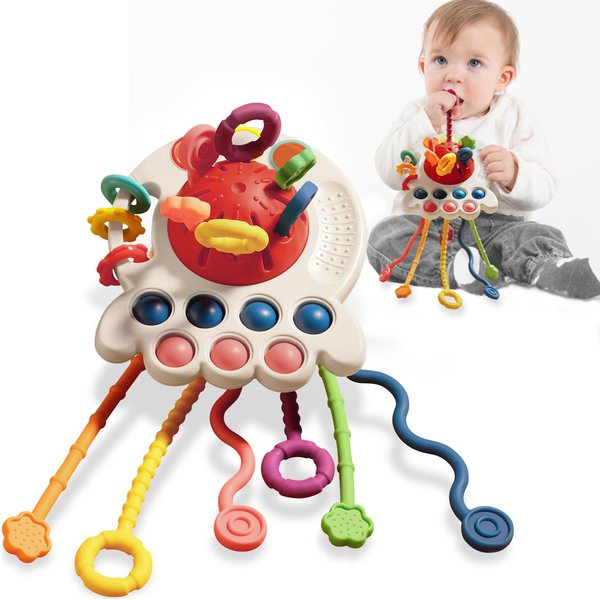 TOHIBEE Baby Sensory Montessori Toys for 6-12 Months, Food Grade Silicone Travel Pull String Toys for 12-18 Months, Toddler Baby Girl Boy Gifts