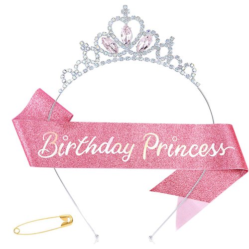 Chanaco Birthday Sash Birthday Girl Headband Set Birthday Crown Birthday Girl Sash Birthday Crown for Girls Princess Tiara Pink Happy Birthday Decorations Birthday Gifts