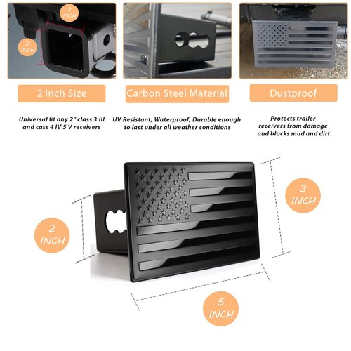 American Flag Metal Trailer Hitch Cover for 2 inch Receivers Matte Black