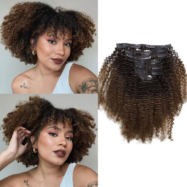 Caliee Afro Kinky Curly Clip in Hair Extensions Remy Brazilian Human Hair 4A 4B for African American Black Women Two Tone T#1B/4 Brown 120 Gram 12 Inch