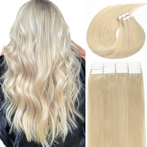 LacerHair New Hair Extensions Human Hair Tape in Skin Weft Seamless Extensions 60A Ash Platinum Blonde 100% Real Remi Remy Human Hair Silky Straight 20 Pcs/Pack 18 Inch