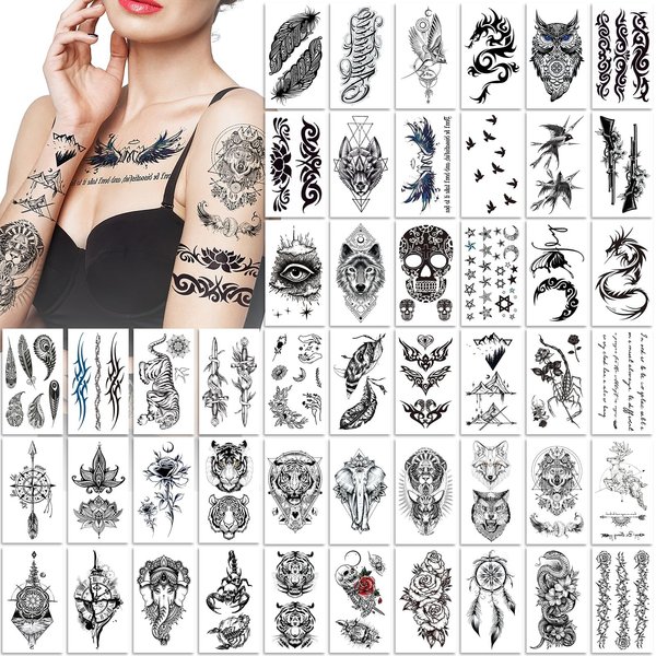 EMOME 48 Sheets Adult Temporary Tattoo Stickers, Fake Tattoos Temporary Realistic, Waterproof Long Lasting Temporary Tattoos Adult Rose Animals Mountain Skull