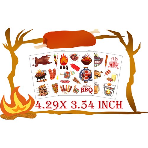 PIBIPAID 200 BBQ Tattoos Temporary Stickers - Barbeque Party Supplies Decorations Camping Themed Birthday Baby Shower Party Tattoos