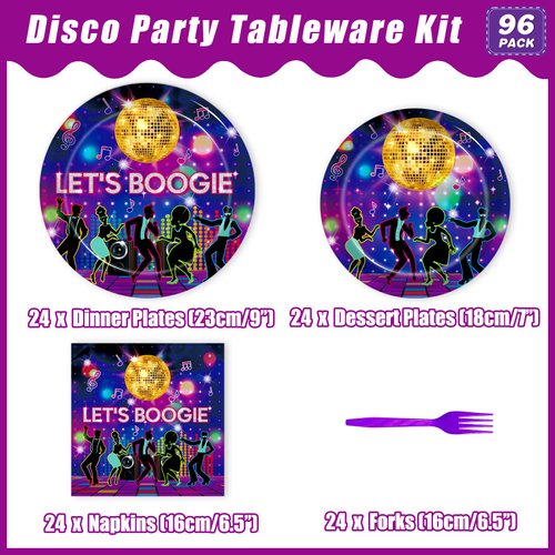 Kepeel 96 Pcs 70s Disco Party Plates and Napkins Supplies, The 70's Birthday Party Decorations 80s 90s Dance Disco Boogie Theme Party Tableware Kit, Serves 24