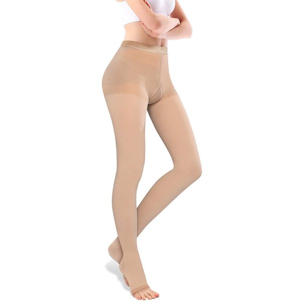 SWOLF Compression Pantyhose Women Men, Open Toe 20-30 mmHg Gradient Firm Support Compression Stockings Hose - Toeless Edema Moderate Varicose Veins Medical Compression Tights (Beige, Medium)