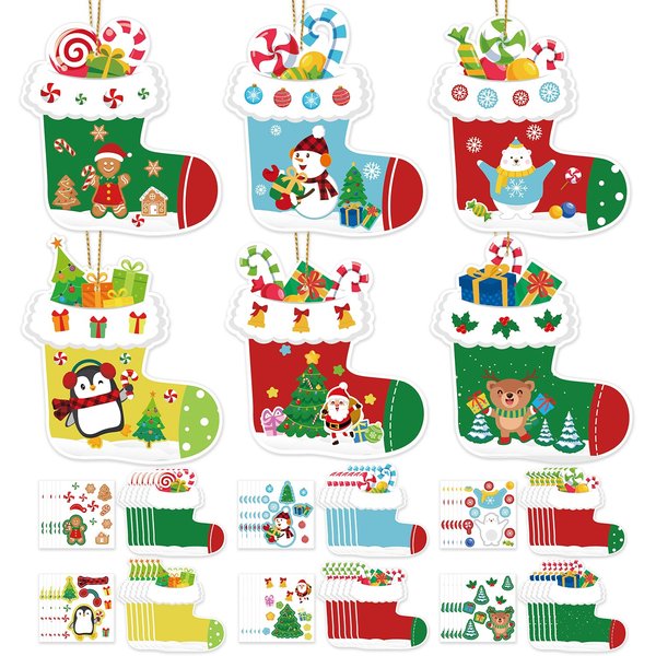 KMCCUMBER Christmas Crafts, 36 Pcs Christmas Stockings Crafts DIY Christmas Tree Stockings Ornaments Make Your Own Christmas Crafts Stickers for Holiday Xmas Classroom Party Favors