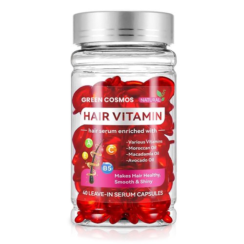 Green Cosmos Hair Vitamin Treatment & Moisturizing Oil Capluse with Avocado, Macadamia & Moroccan Oil for Dry and Damaged Hair - Leave-in Anti Frizz Conditioner with Vitamins A, C, E & B5- 40 Capsules