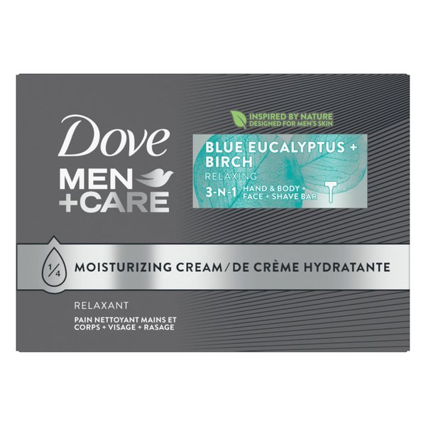 DOVE MEN + CARE Bar 3 in 1 Cleanser for Body, Face, and Shaving Blue Eucalyptus 8 Bars For Fresh, Healthy-Feeling Skin Body and Facial Cleanser More Moisturizing Than Bar Soap 3.75 oz