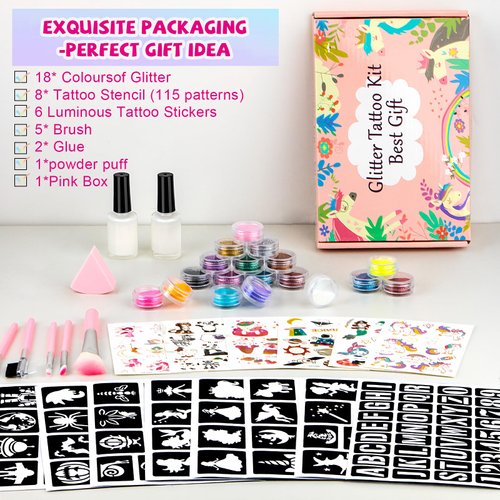 Temporary Glitter Tattoos Kit for Kids,18 Glitter Colors,115 Stencils,6 Luminous Tattoo Stickers, 2 Glue,5 Brushes,1 Powder Puff, Adults & Kids Arts Glitter Make Up Kit,Holiday Gifts for Girls & Boys.
