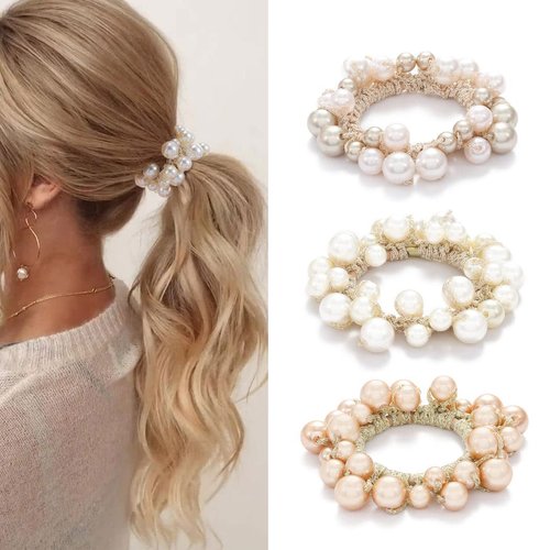 Fashey Pearl Hair Scrunchies Rhinestone Hair Ties Elastic Hair Bands Ponytail Holder Hair Ropes Hair Accessories for Women and Girls（Pack of 3）