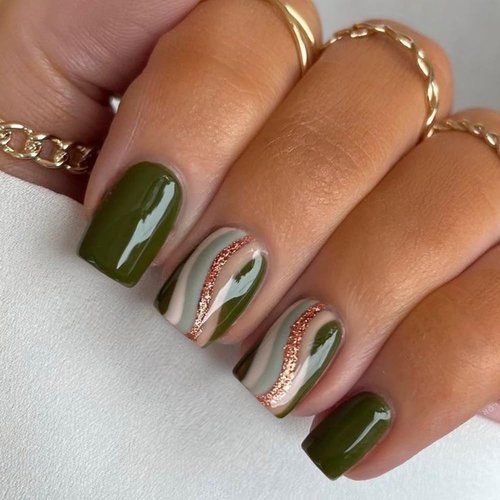 KXAMELIE Green Swirl Press on Nails Short Square with Glitter Sequins,Short Coffin Fake Nails with Design,Cute Nails Press ons Thick Salon False Nails Set for Women Girls Daily Wear