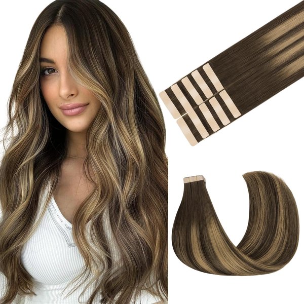 MAXITA Tape in Hair Extensions Human Hair 4/27/4 Chocolate Brown Mixed Caramel Blonde Balayage 14 Inch 25g 10pcs Thick Ends Straight Seamless Tape in Remy Invisible Tape in Hair Extensions Human Hair