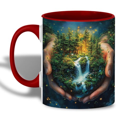 Earth Day Ceramic Mug - Protect Our Planet Coffee Cup - Sustainable Nature Art - Eco Friendly Forest and Waterfall Design for Environmental Awareness, 11oz
