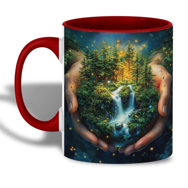 Earth Day Ceramic Mug - Protect Our Planet Coffee Cup - Sustainable Nature Art - Eco Friendly Forest and Waterfall Design for Environmental Awareness, 11oz