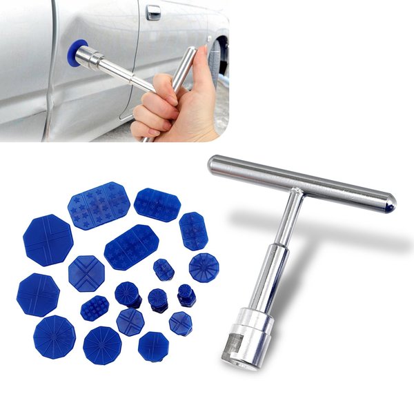 gunhunt 19 PCS Car Dent Repair Puller, Dent Detach Sheet Suction Cup Puller Repair Kit, Paint-Free Body Dent Hail Damage Repair with Silver T-Shape Puller, Universal Accessories for Most Cars (Blue)