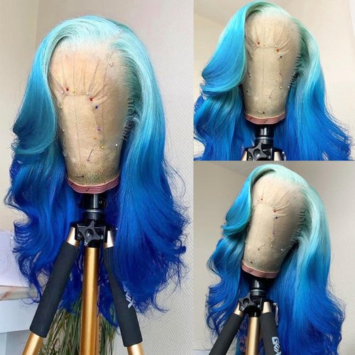 JPIKAQIU Synthetic Lace Front Wigs Ombre Blue Lace Front Wigs Pre Plucked 24 Inch Long Natural Wavy Hair Wig Heat Resistant Glueless Lace Wigs for Fashion Women