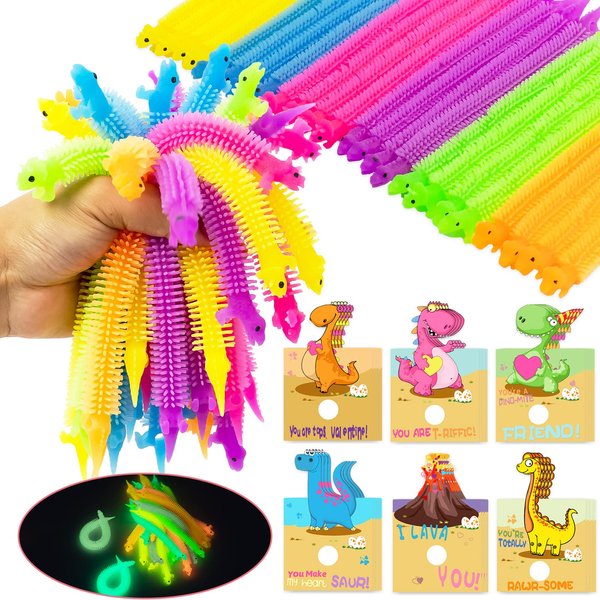 Valentines Day Cards for Kids- 24Pcs Dinosaur Valentines Cards with Glow In Dark Dinosaur Stretchy String Sensory Fidget Toys for Kids Valentines Party Favors Classroom Exchange Gifts School Supplies