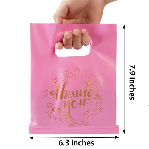 Wishop 100 Pieces Pink Thank You Merchandise Bags Party Gift Bags Candy Bags for Boutique, Retail, Gift Bags, Clothes, Party Favors (Pink/Gold, 6.3x7.9 Inches)