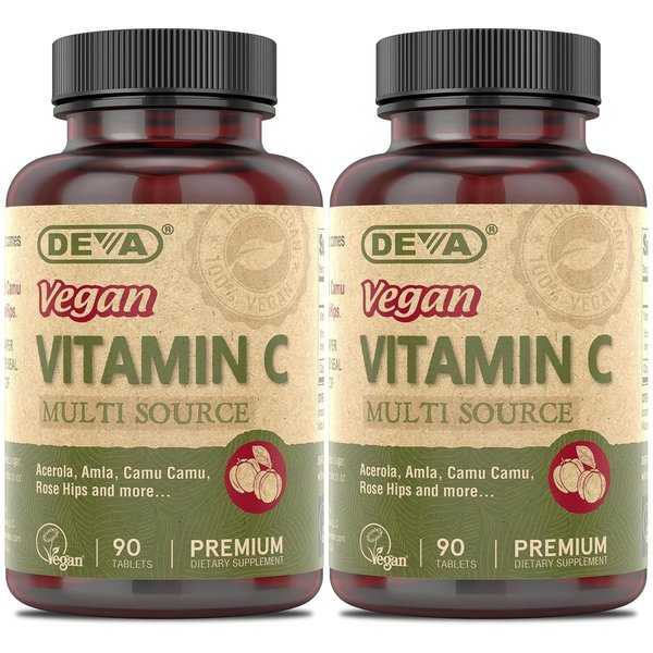 DEVA Vegan Vitamin C 250mg Tablets 2-Pack – Non-GMO, Potent, Multi-Source Food-Based Formulation, 90 Count Ea