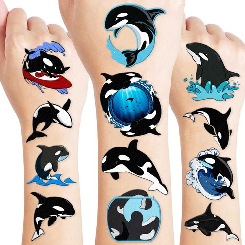 100 PCS Orca Whale Birthday Party Decorations Favors Supplies Sea Ocean Killer Whale Temporary Tattoos Stickers for Kids Cute Gifts School Prizes Rewards