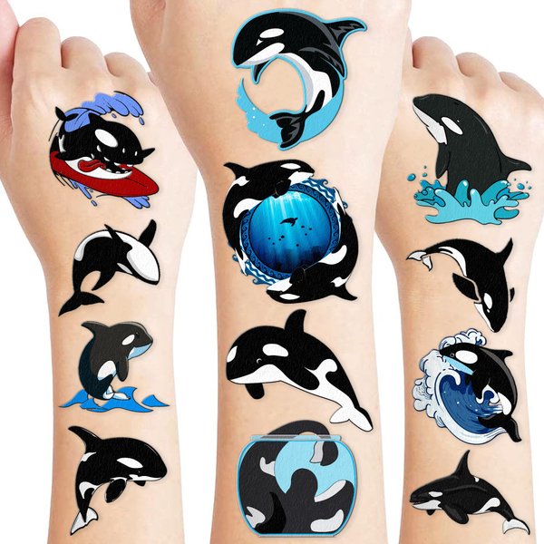 100 PCS Orca Whale Birthday Party Decorations Favors Supplies Sea Ocean Killer Whale Temporary Tattoos Stickers for Kids Cute Gifts School Prizes Rewards