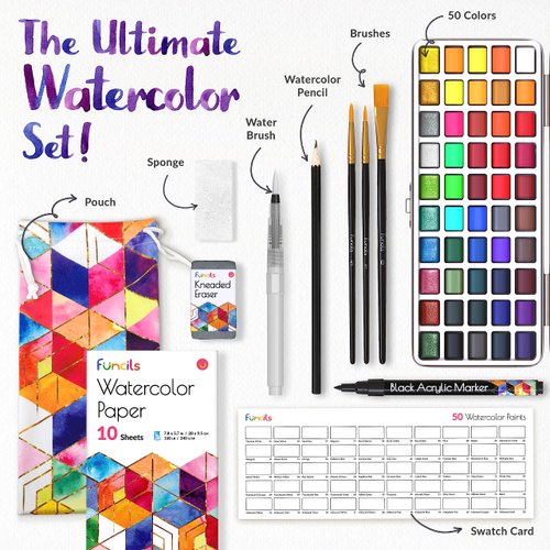 Funcils Watercolor Paint Set - 50 Travel Watercolors Set - Water Colors Paint for Adult, Kids, Beginners, Professional Artists | Watercolor Palette with Paper, Brush, Pen | Art Supplies for Adults