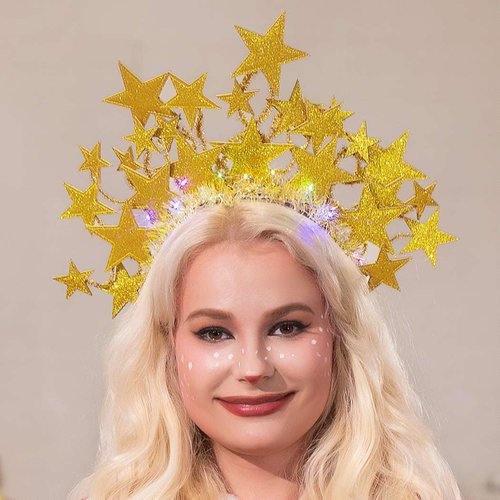 Fashey Light Up Headband Gold Glitter Star Headbands Led Halo Hair Band Sparkly Hair Hoops Party Festival Hair Accessories for Women and Girls