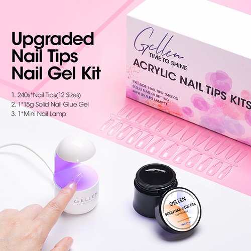 Gellen Gel x Nail Kit Nail Extension Set with 240Pcs Short Almond Soft Gel Nail Tips 15g Solid Nail Glue Gel for Fake Nail Tips LED Nail Lamp Acrylic Nail Tips Kit for DIY Manicure Set
