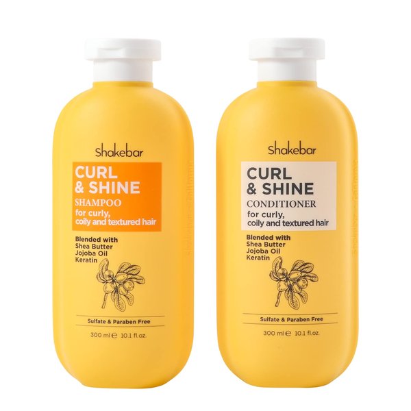 SHAKEBAR Keratin Curly Hair Shampoo and Conditioner Set, Curl & Shine Natural Shampoo Rich Shea Butter, Jojoba Oil, Keratin, Sulfate Free, Paraben Free, Frizz Control, Moisturize Dry Hair