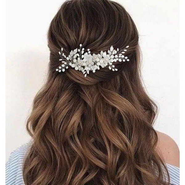 YBSHIN Bride Wedding Flower Hair Vines Silver Pearl Hair Piece Rhinestone Headpieces Crystal Bridal Hair Accessories for Women and Girls