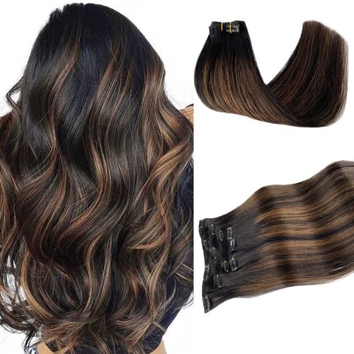 Clip in Hair Extensions Real Human Hair, Natural Black Highlights Medium Brown 18 Inches 5pcs Long Straight Clip ins Human Hair Extensions Handmade Double Weft Remy Hair Extensions Clip ins 70grams