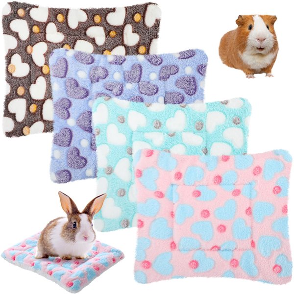 4 Pieces Rabbit Bunny Bed Guinea Pig Bed Mats Plush Bunny Pad Mats Small Animal Dog Cat Bed Dog Crate Kennel Pad Mat Hamster Cozy Dog Bed Mat for Small Animal (Heart Pattern, 10 x 11 Inch)