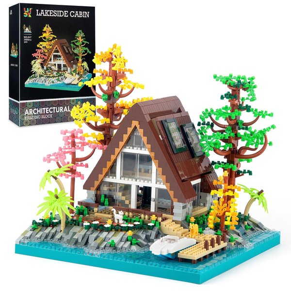 Vziimo A-Frame Cabin Building Set, Medieval Forest Cabin House Micro Building Block Set, Collectible Display Model Toys for Adults and Teens 14+ (2688 Pcs)