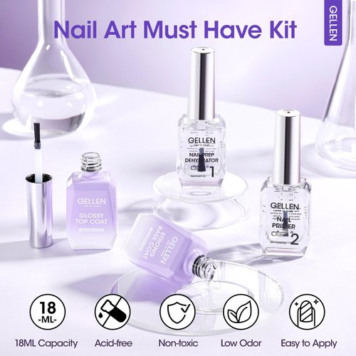 Gellen Nail Dehydrator and Primer Base Coat Top Coat 18 ml UV LED Clear Superior Base Glossy Top Coat Quick Drying Must-have Kit for Acrylic Gel Nail Polish Nail Tips Long Lasting Nail Art Supplies