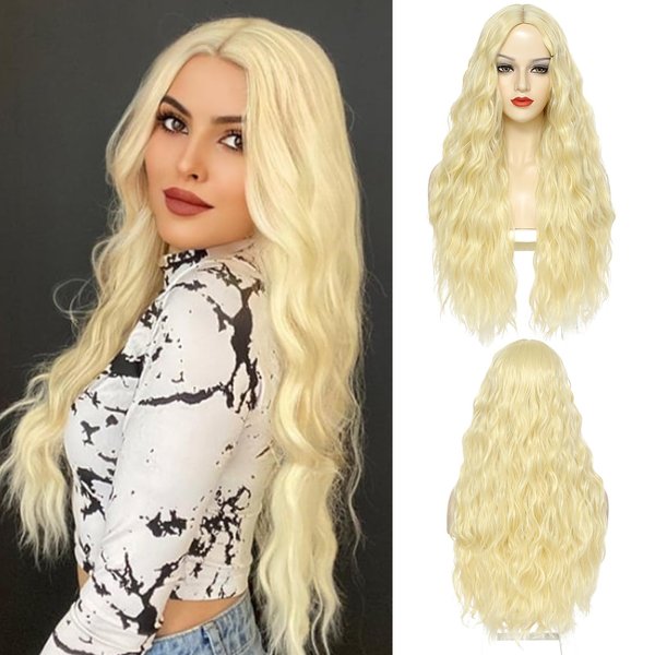 Long Blonde Wigs for Women 30 Inch Curly Hair Wig Middle Part Glueless Wig Body Wavy Wigs Natural Looking Heat Resistant Synthetic Wig for Christmas Gifts Daily Party Cosplay Costumes(30",613#)