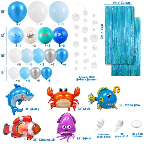 Winrayk Under the Sea Party Decorations Ocean Theme Birthday Supplies Blue Balloon Arch Fringe Curtain Bubble Garland Ocean Animals Print Balloon Kids Pool Beach Party Ocean Birthday Party Decorations