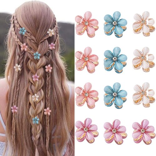 NAISKA 12Pcs 4 Color Flower Hair Claw Clips Mini Cute Hair Pins Sweet Crystal Hair Clips Decorative Non-slip Hair Clips Hair Accessories for Women and Girls