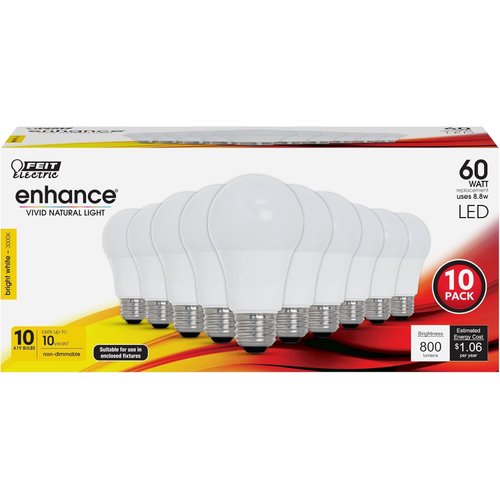 Feit Electric A19 LED Light Bulb, 60W Equivalent, Non Dimmable, 800 Lumens, E26 Medium Base, 3000k Bright White, CRI 90, 10 Year Lifetime, UL Listed, Damp Rated, 10 Pack, OM60/930CA10K/10