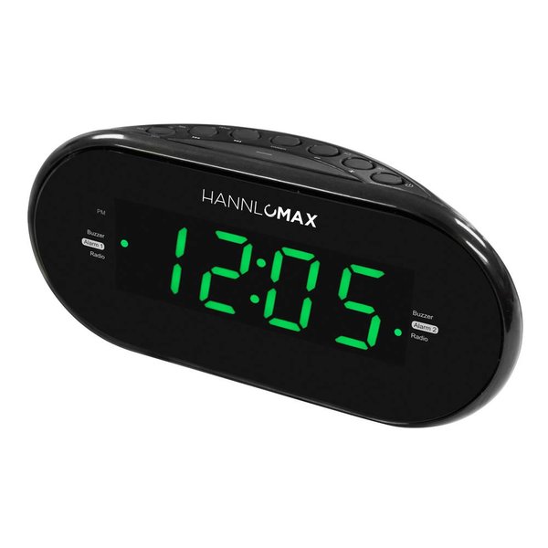 HANNLOMAX HX-123CR Alarm Clock Radio, PLL AM/FM Radio, 1.2 inches Green LED Display, Dual Alarm Wake up to Radio or Buzzer, Dimmer, AC Power Operation only, AC/DC Adaptor Included.