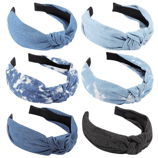 TOBATOBA Denim Headbands for Women Knotted Headbands for Women Blue Jean Hair Band Wide Head Bands No Slip Fashion for Women Top Knot Headband Boho Turban Headbands Elastic Headbands for Women Girls