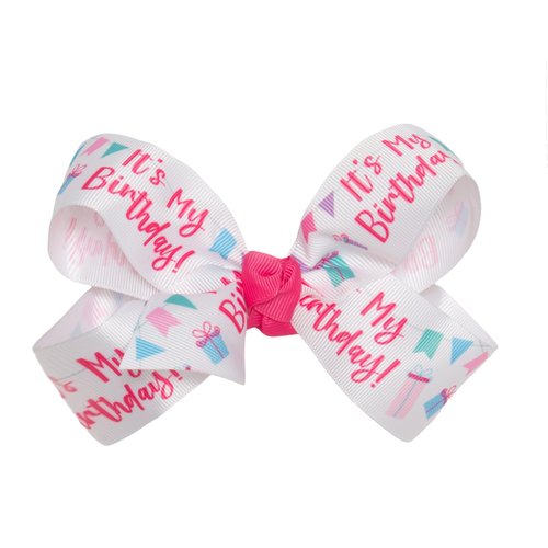 HAIRBOWS Girls' Grosgrain Hair Bow with Knot Wrap Center on a Hair Clip, All Ages and Hair Types, 5 Inch Bows, It'S My Birthday Print