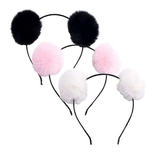 vipolish 3PCS Fluffy Pom Ball Headband Pom Pom Ball Cat Ear Headband Hair Styling Accessories for Women Girls